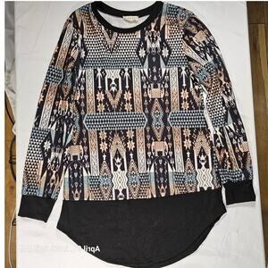 Avery Boutique Aztec Tribal Print Top Womens High Low Boho Western Long‎ Sleeve
